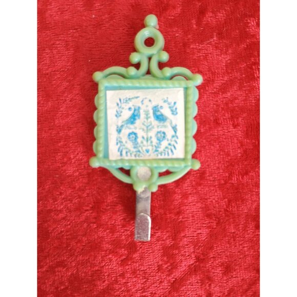 Vintage Mid-Century Decorative Wall Hooks Set Of 3 With Unique Blue Prints On Pl - Picture 5 of 5